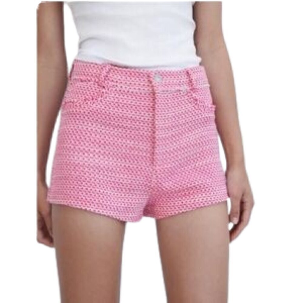 NWOT ZARA white pink tweed high waist micro shorts